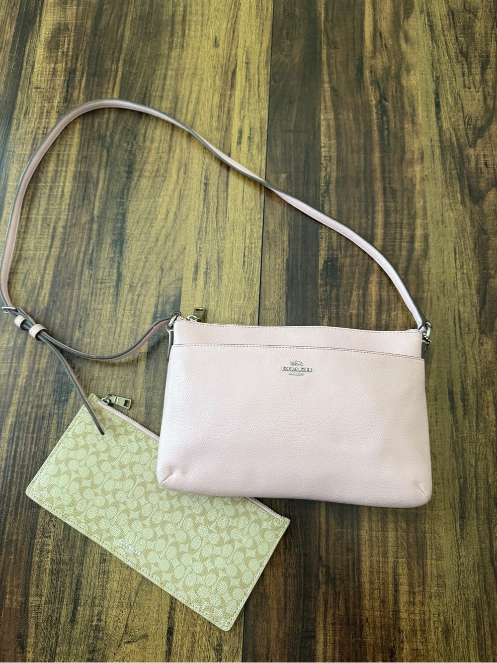 Coach Light Pink crossgrain Leather Crossbody with Signature Wristlet